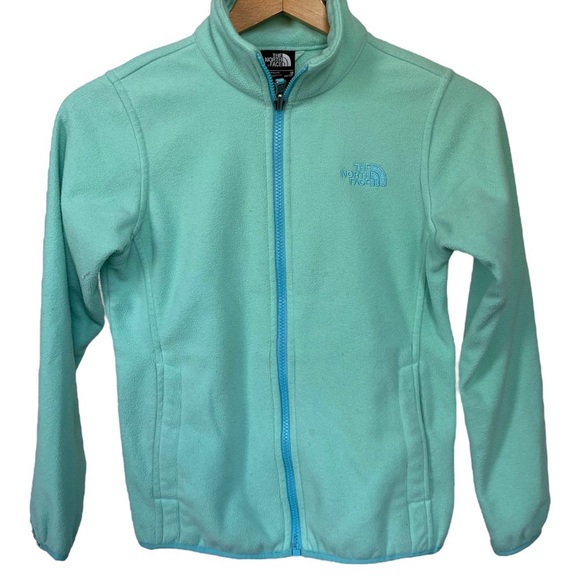 Girls M 10-12 North Face Mint Green Turquoise Blue Zip UP Trim Fleece Jacket - Picture 1 of 3